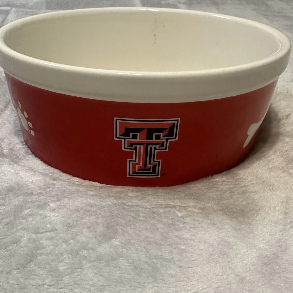Texas Tech Red Raiders Dog Bowl Food or Water Red White Bones Ceramic‎ Stoneware